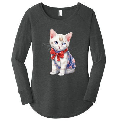 American Cat 4th Of July Cat Patriotic Cats Japanese Bobtail Kitten Women's Perfect Tri Tunic Long Sleeve Shirt