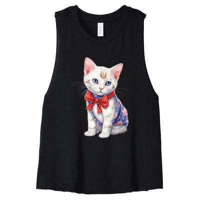 American Cat 4th Of July Cat Patriotic Cats Japanese Bobtail Kitten Women's Racerback Cropped Tank