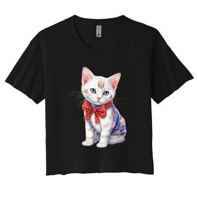 American Cat 4th Of July Cat Patriotic Cats Japanese Bobtail Kitten Women's Crop Top Tee