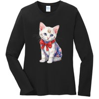 American Cat 4th Of July Cat Patriotic Cats Japanese Bobtail Kitten Ladies Long Sleeve Shirt