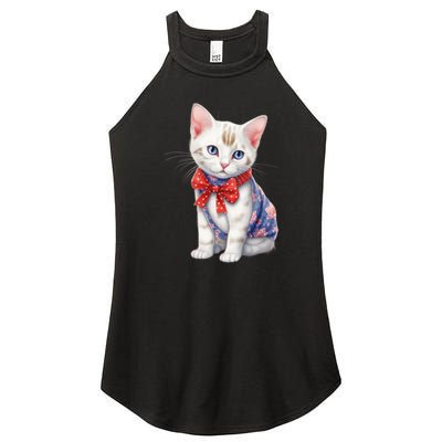 American Cat 4th Of July Cat Patriotic Cats Japanese Bobtail Kitten Women's Perfect Tri Rocker Tank