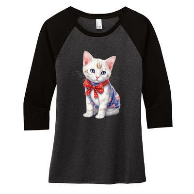 American Cat 4th Of July Cat Patriotic Cats Japanese Bobtail Kitten Women's Tri-Blend 3/4-Sleeve Raglan Shirt