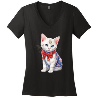 American Cat 4th Of July Cat Patriotic Cats Japanese Bobtail Kitten Women's V-Neck T-Shirt