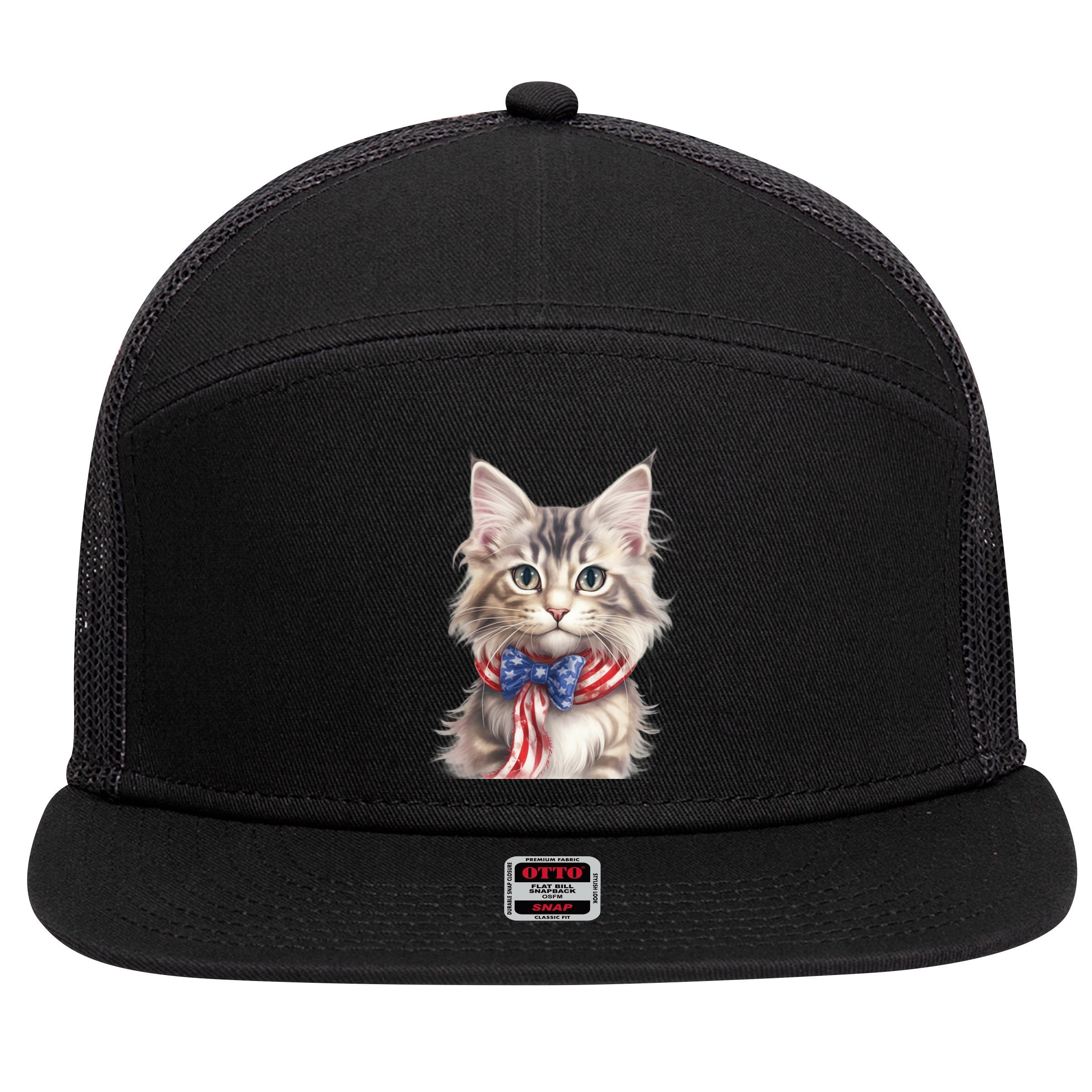 American Cat 4th Of July Cat Patriotic Cats Maine Coon Kitten 7 Panel Mesh Trucker Snapback Hat