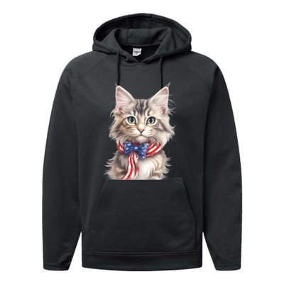 American Cat 4th Of July Cat Patriotic Cats Maine Coon Kitten Performance Fleece Hoodie