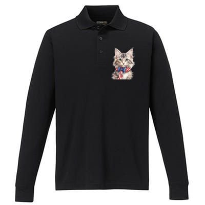 American Cat 4th Of July Cat Patriotic Cats Maine Coon Kitten Performance Long Sleeve Polo