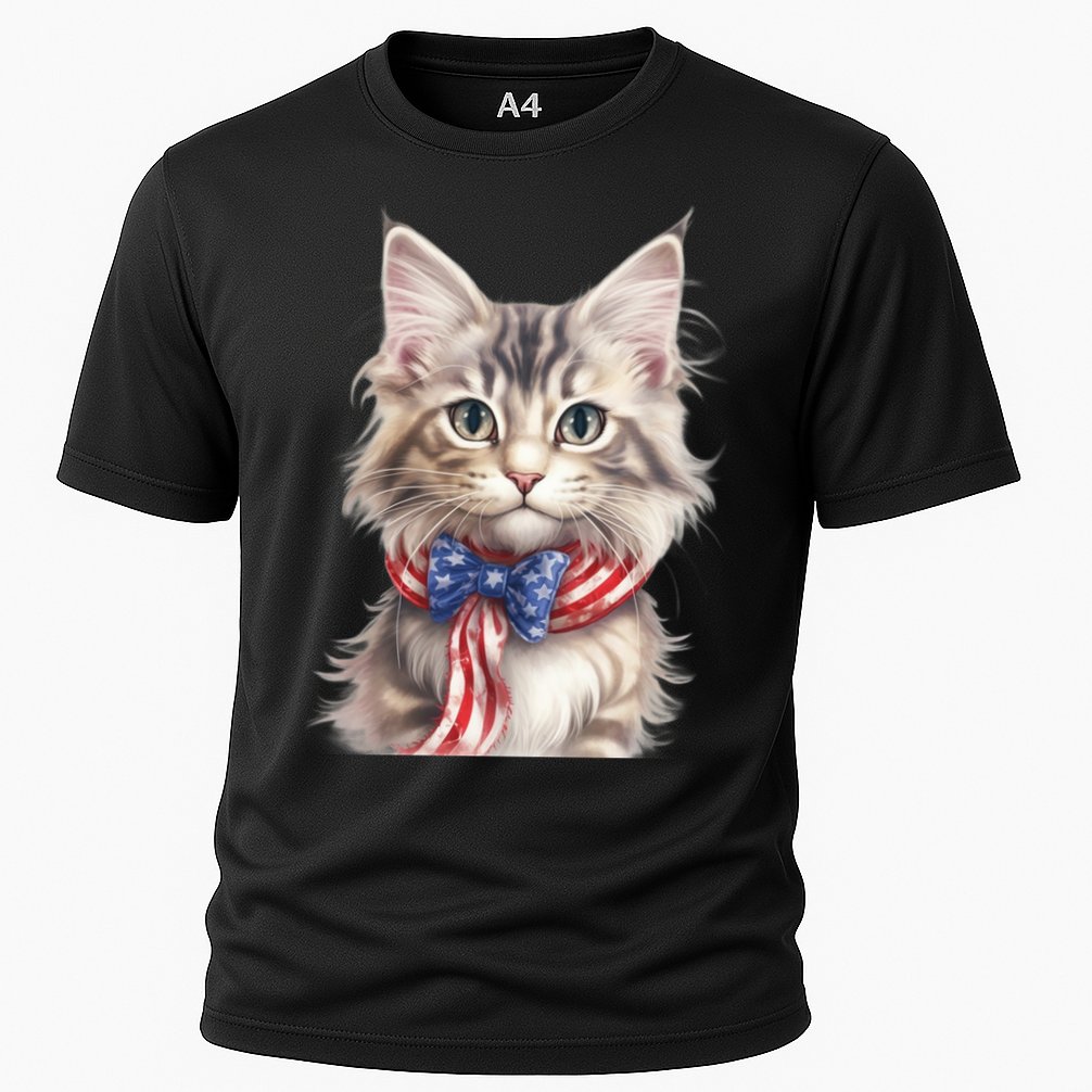 American Cat 4th Of July Cat Patriotic Cats Maine Coon Kitten Cooling Performance Crew T-Shirt