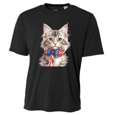 American Cat 4th Of July Cat Patriotic Cats Maine Coon Kitten Cooling Performance Crew T-Shirt