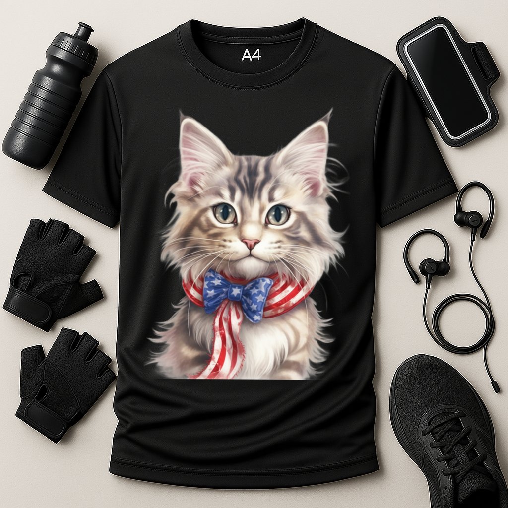 American Cat 4th Of July Cat Patriotic Cats Maine Coon Kitten Cooling Performance Crew T-Shirt