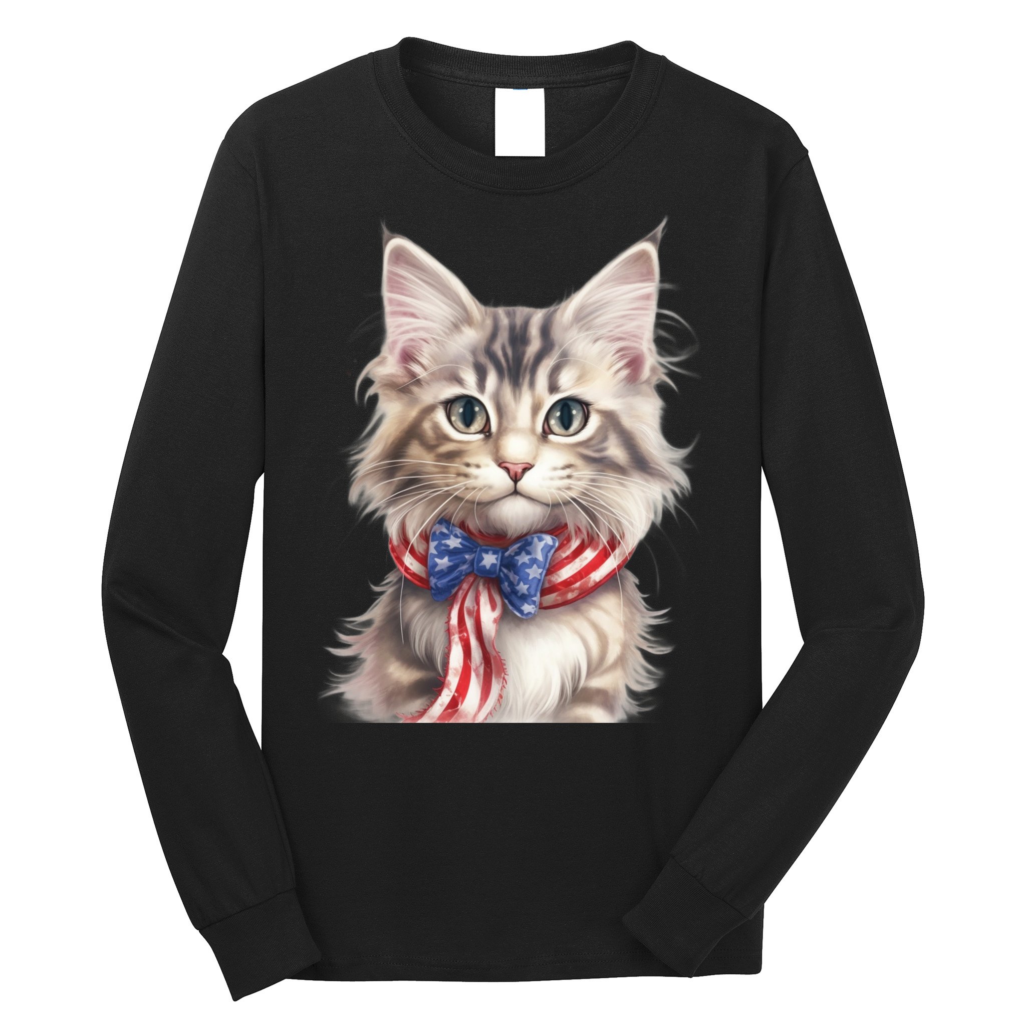 American Cat 4th Of July Cat Patriotic Cats Maine Coon Kitten Long Sleeve Shirt