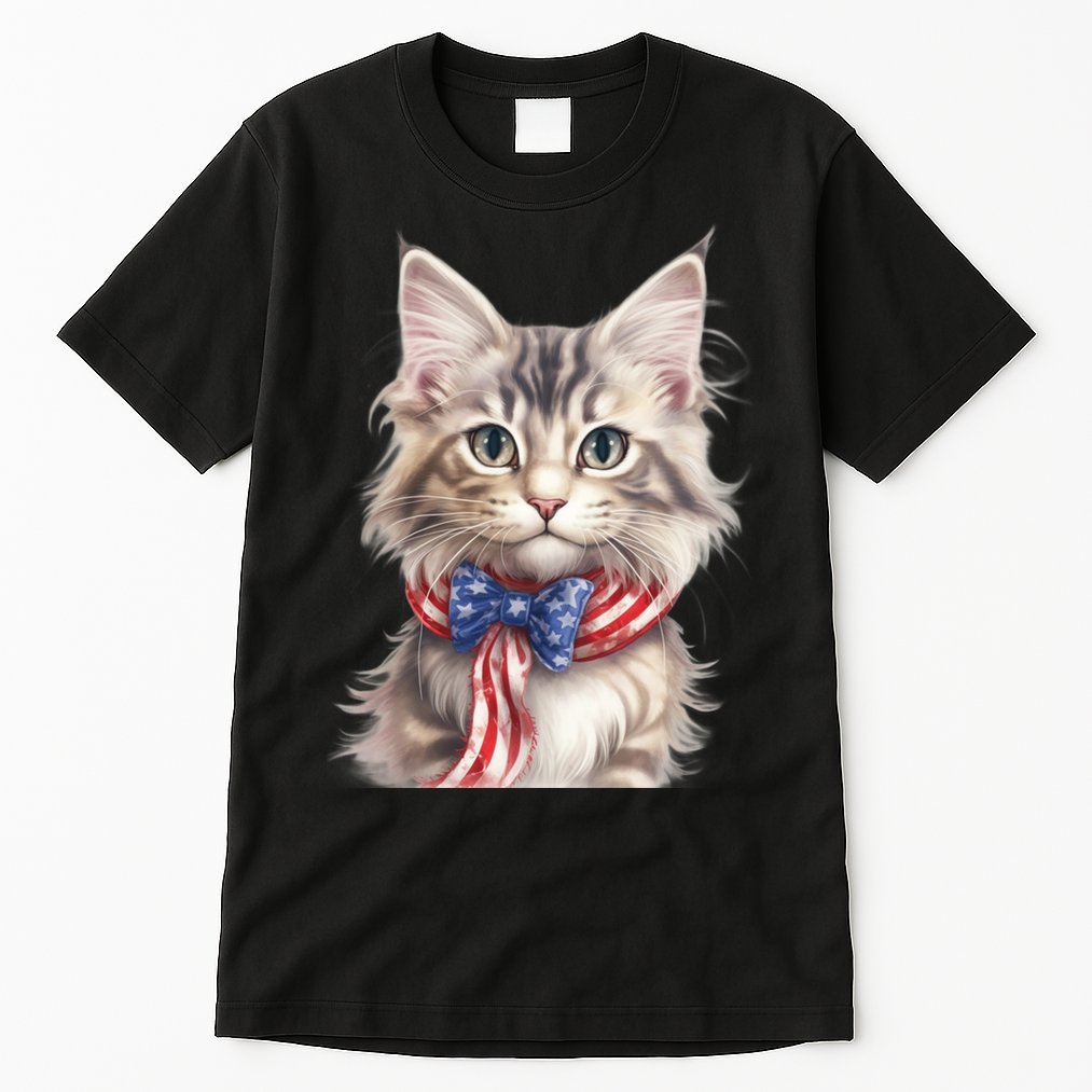American Cat 4th Of July Cat Patriotic Cats Maine Coon Kitten Tall T-Shirt