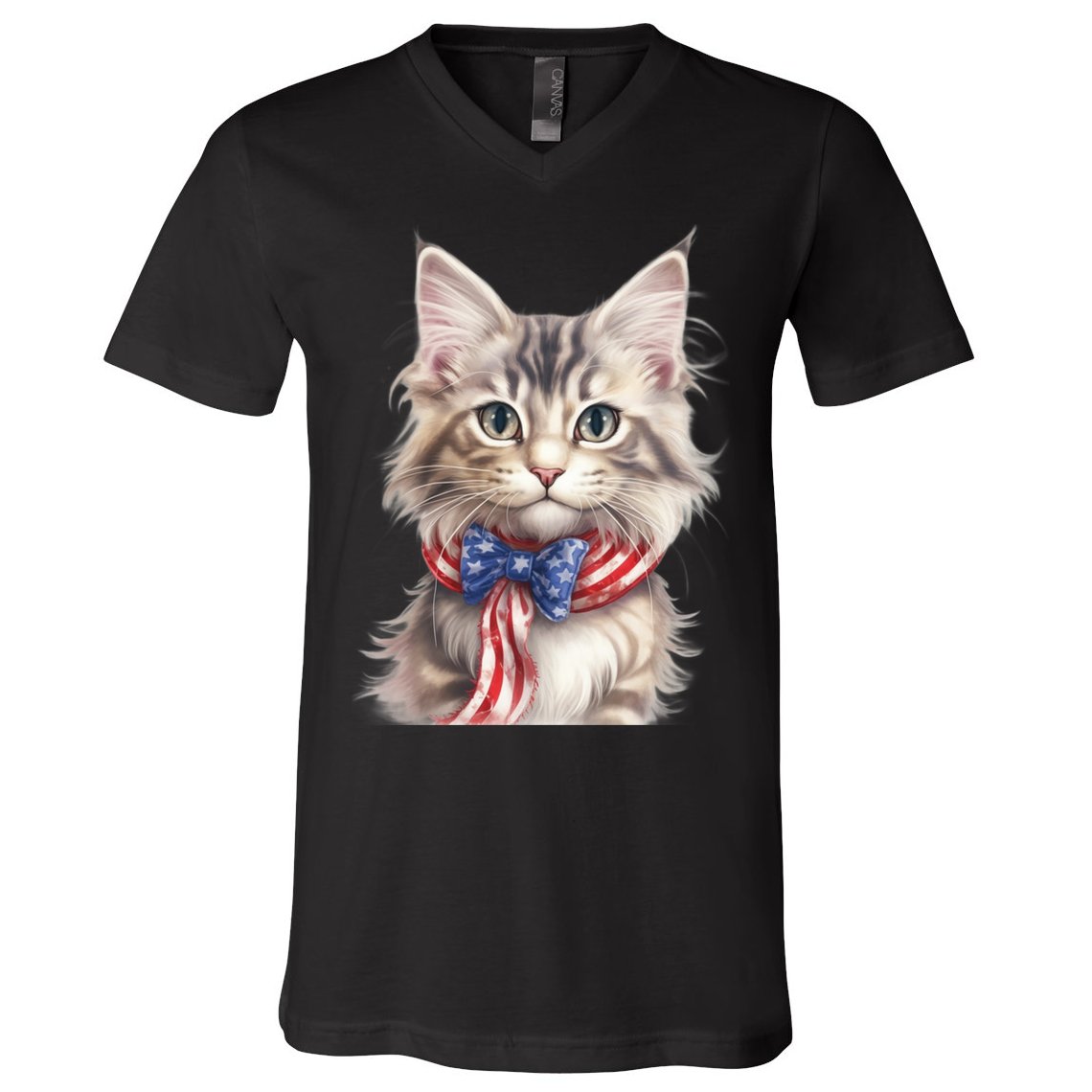 American Cat 4th Of July Cat Patriotic Cats Maine Coon Kitten V-Neck T-Shirt