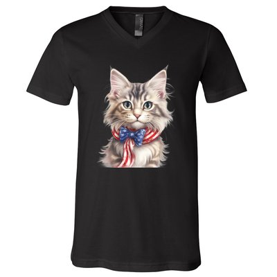 American Cat 4th Of July Cat Patriotic Cats Maine Coon Kitten V-Neck T-Shirt