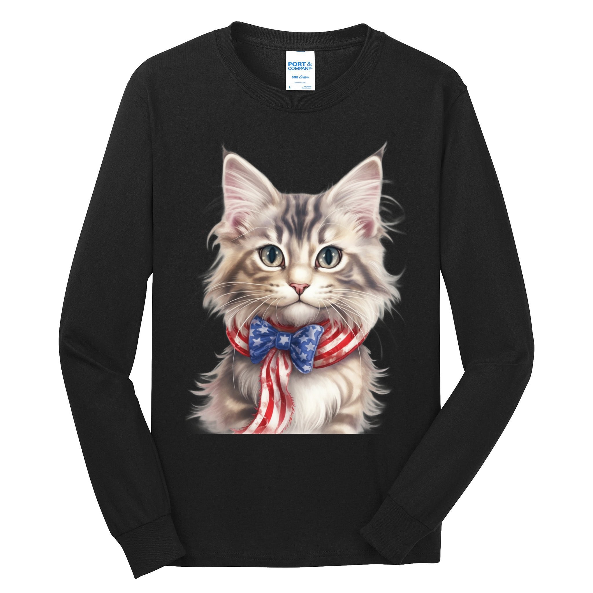 American Cat 4th Of July Cat Patriotic Cats Maine Coon Kitten Tall Long Sleeve T-Shirt