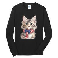 American Cat 4th Of July Cat Patriotic Cats Maine Coon Kitten Tall Long Sleeve T-Shirt