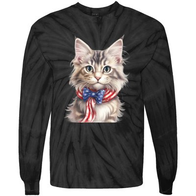 American Cat 4th Of July Cat Patriotic Cats Maine Coon Kitten Tie-Dye Long Sleeve Shirt