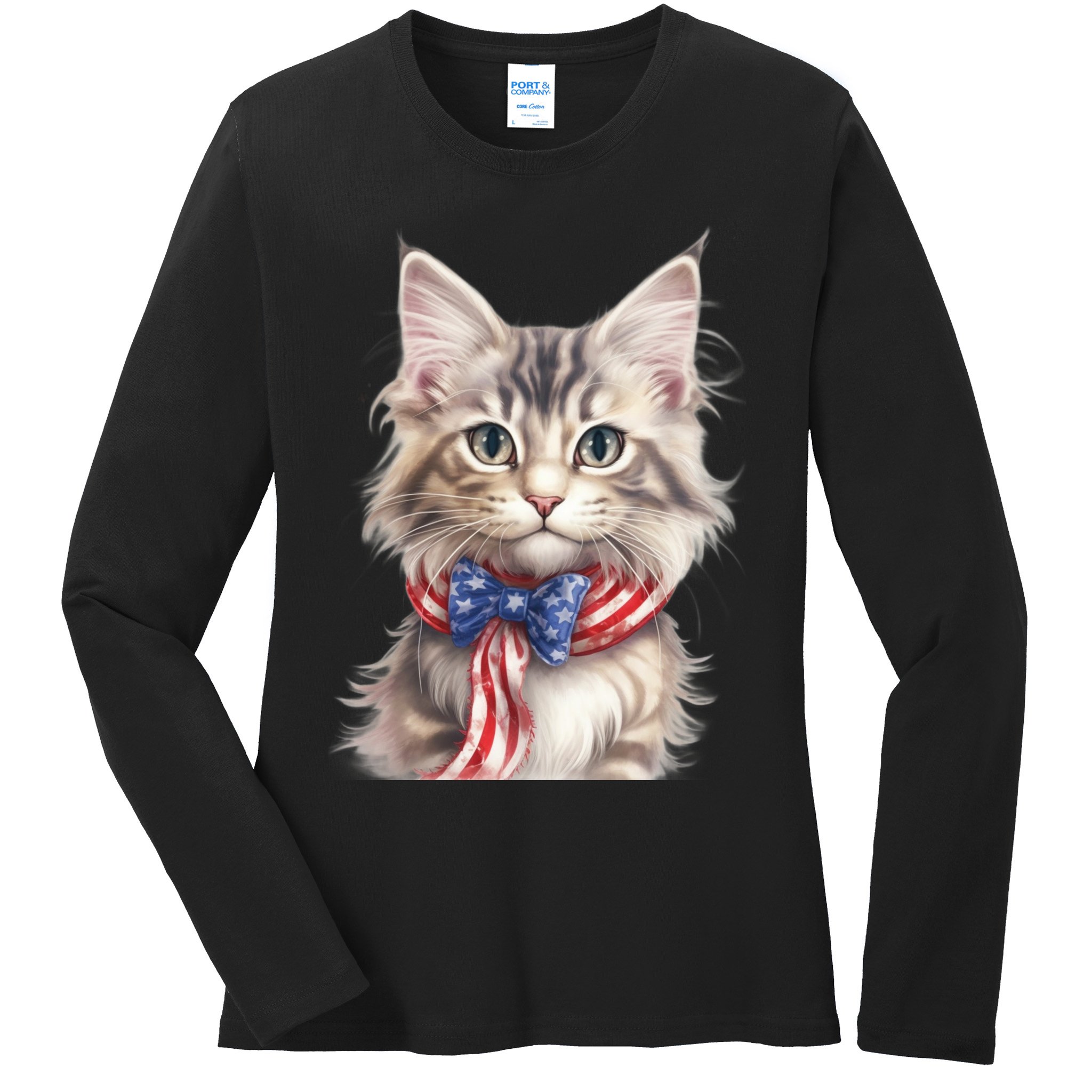 American Cat 4th Of July Cat Patriotic Cats Maine Coon Kitten Ladies Long Sleeve Shirt
