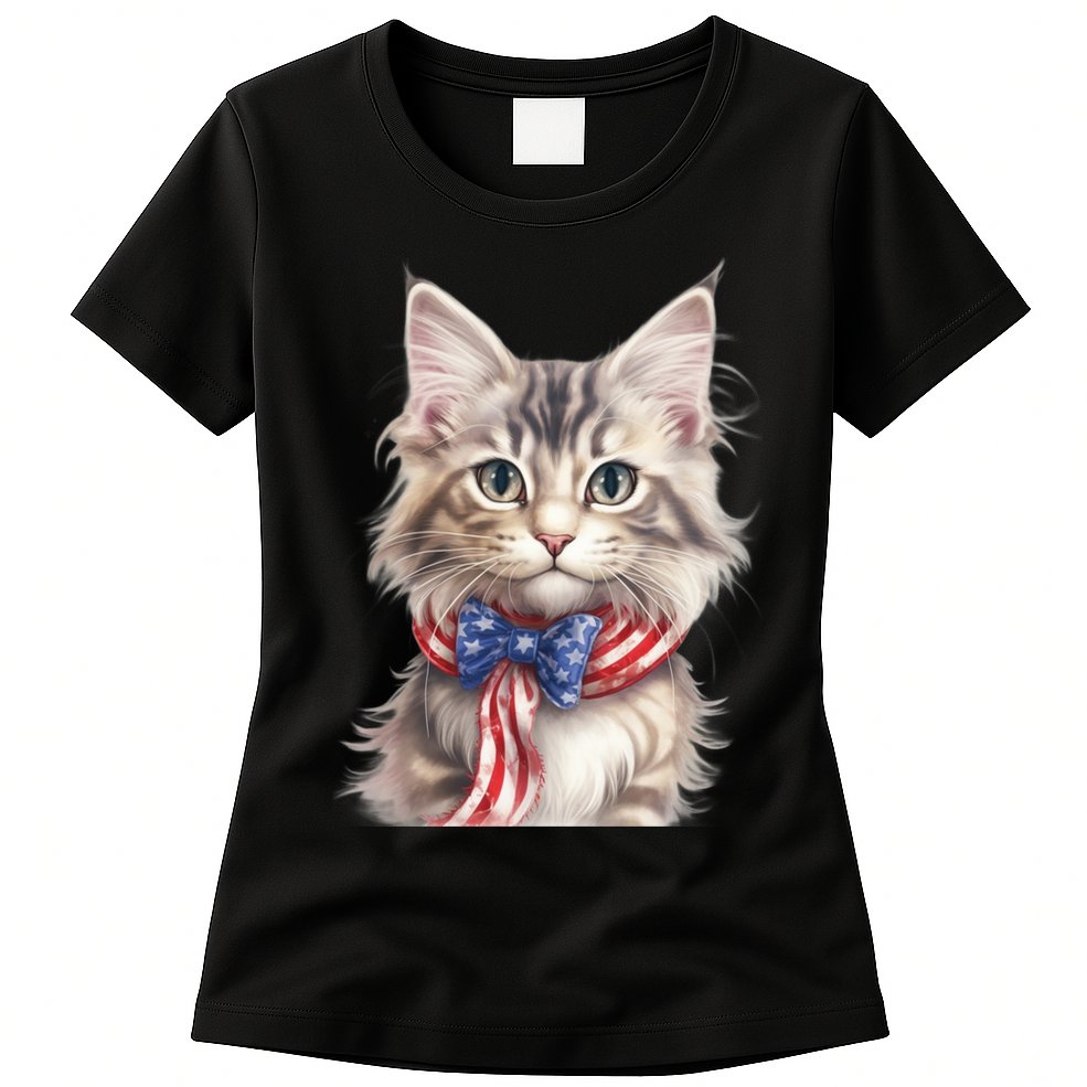American Cat 4th Of July Cat Patriotic Cats Maine Coon Kitten Womens T-Shirt