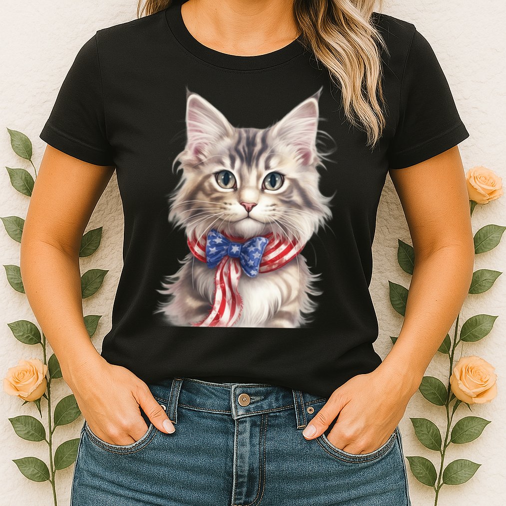 American Cat 4th Of July Cat Patriotic Cats Maine Coon Kitten Womens T-Shirt