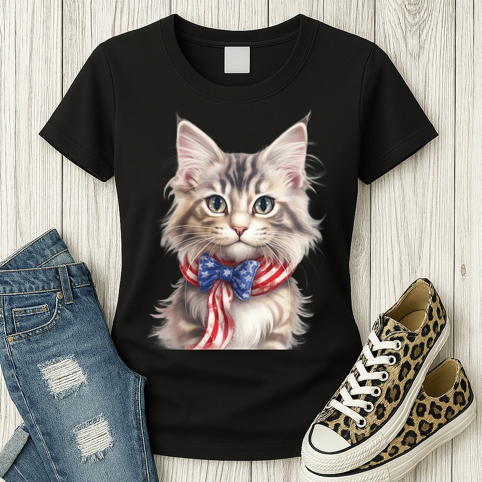American Cat 4th Of July Cat Patriotic Cats Maine Coon Kitten Womens T-Shirt