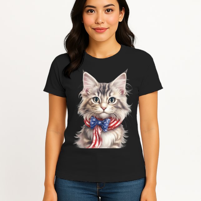 American Cat 4th Of July Cat Patriotic Cats Maine Coon Kitten Womens T-Shirt