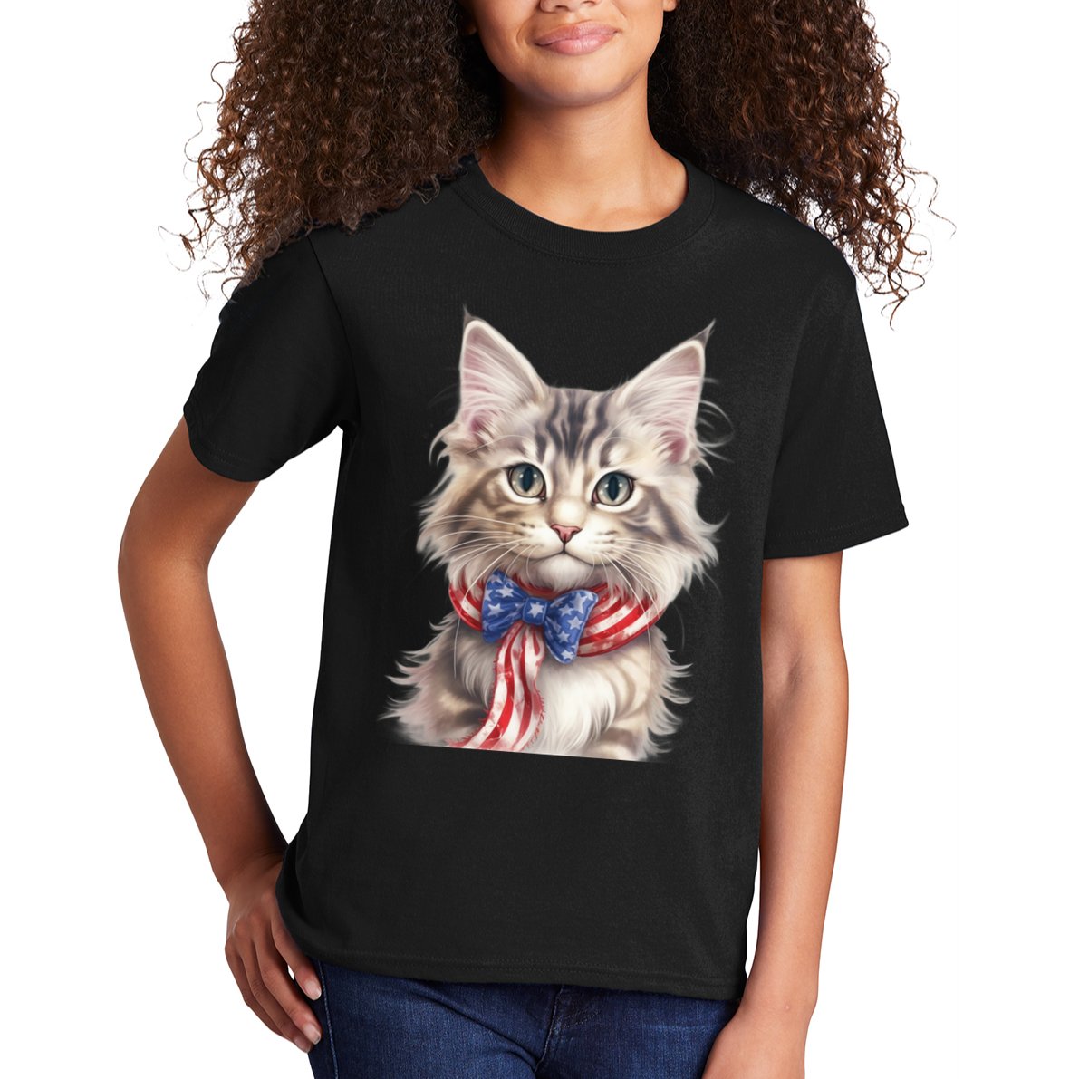 American Cat 4th Of July Cat Patriotic Cats Maine Coon Kitten Kids T-Shirt
