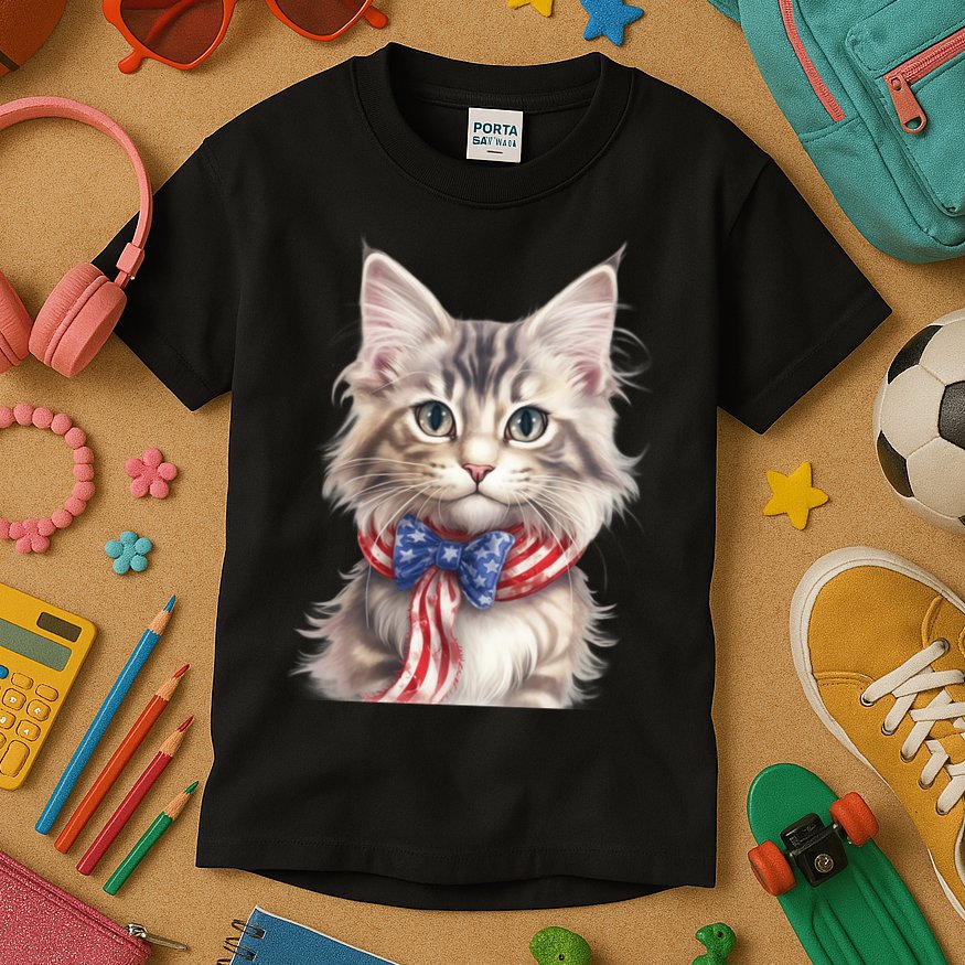 American Cat 4th Of July Cat Patriotic Cats Maine Coon Kitten Kids T-Shirt