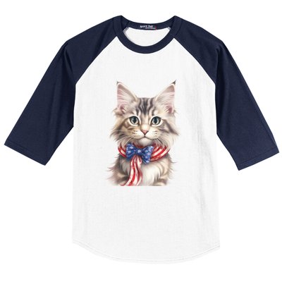 American Cat 4th Of July Cat Patriotic Cats Maine Coon Kitten Baseball Sleeve Shirt