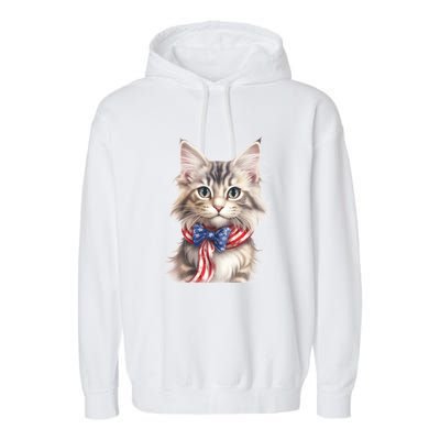 American Cat 4th Of July Cat Patriotic Cats Maine Coon Kitten Garment-Dyed Fleece Hoodie