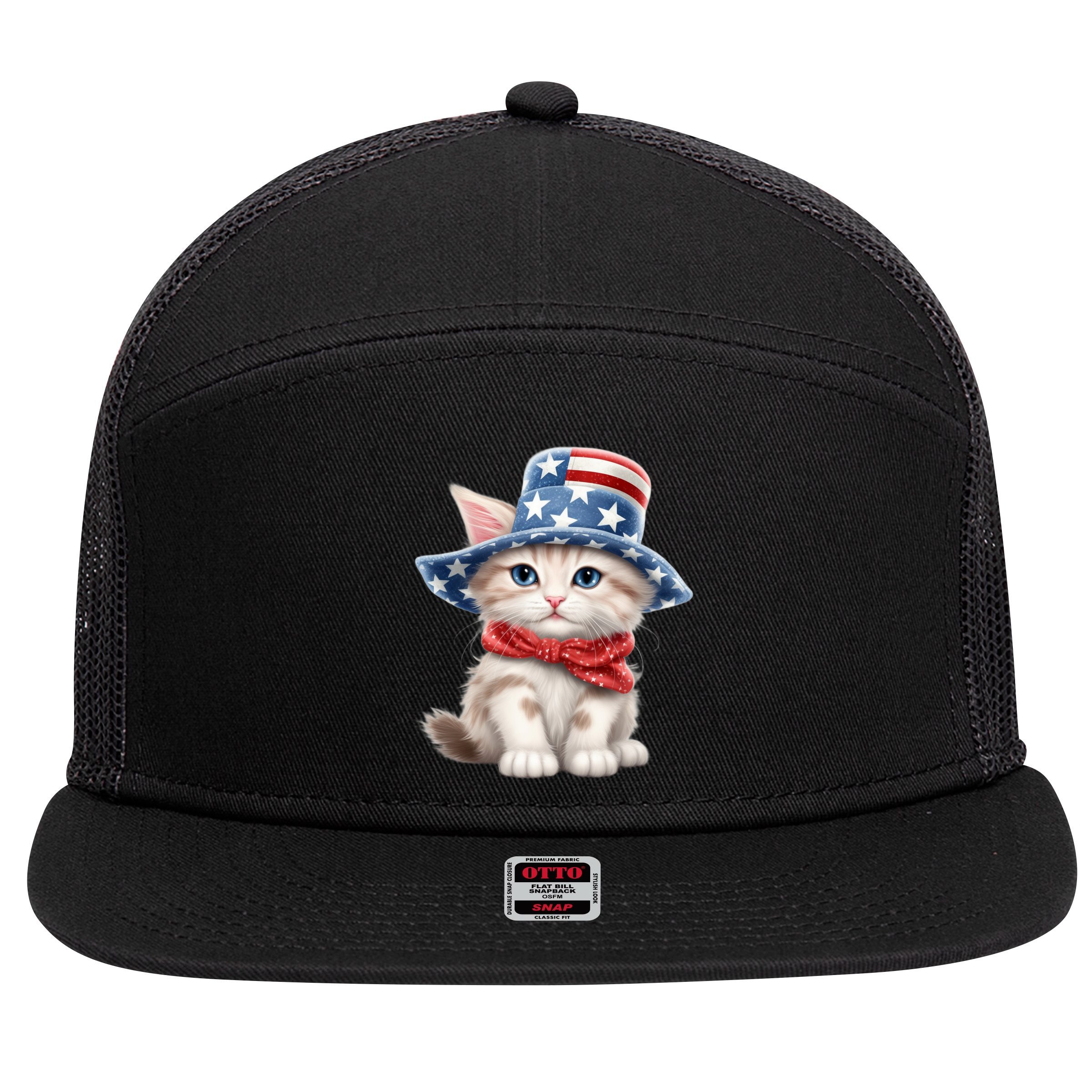 American Cat 4th Of July Cat Patriotic Cats Savannah Kitten 7 Panel Mesh Trucker Snapback Hat