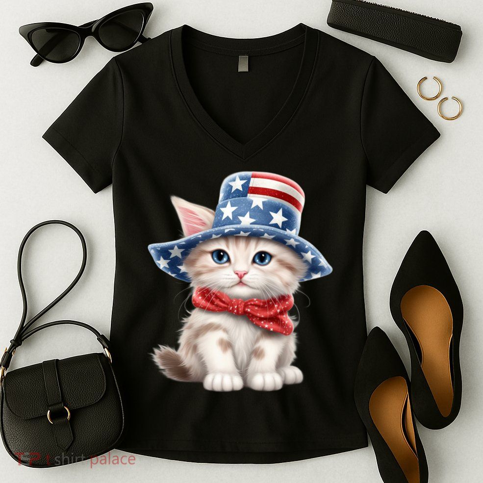 American Cat 4th Of July Cat Patriotic Cats Savannah Kitten Women's V-Neck T-Shirt