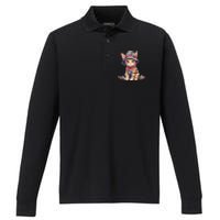 American Cat 4th Of July Cat Patriotic Cats Savannah Kitten Performance Long Sleeve Polo