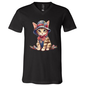 American Cat 4th Of July Cat Patriotic Cats Savannah Kitten V-Neck T-Shirt