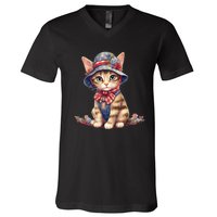 American Cat 4th Of July Cat Patriotic Cats Savannah Kitten V-Neck T-Shirt