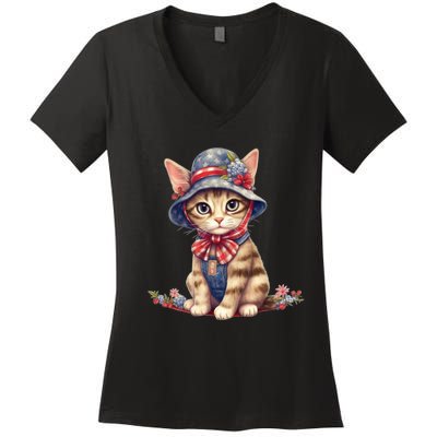 American Cat 4th Of July Cat Patriotic Cats Savannah Kitten Women's V-Neck T-Shirt