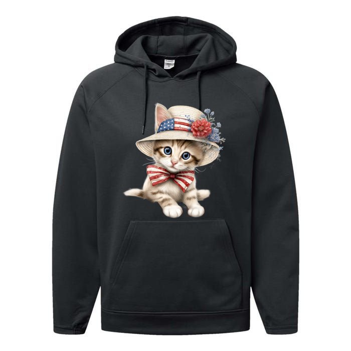 American Cat 4th Of July Cat Patriotic Cats Savannah Kitten Performance Fleece Hoodie