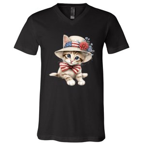 American Cat 4th Of July Cat Patriotic Cats Savannah Kitten V-Neck T-Shirt