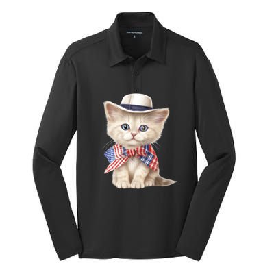 American Cat 4th Of July Cat Patriotic Cats Scottish Straight Kitten Silk Touch Performance Long Sleeve Polo