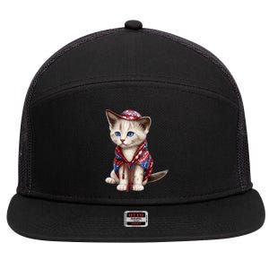 American Cat 4th Of July Cat Patriotic Cats Somali Kitten 7 Panel Mesh Trucker Snapback Hat