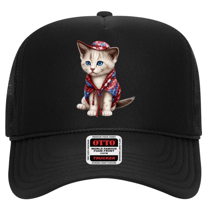 American Cat 4th Of July Cat Patriotic Cats Somali Kitten High Crown Mesh Back Trucker Hat