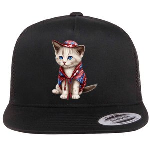 American Cat 4th Of July Cat Patriotic Cats Somali Kitten Flat Bill Trucker Hat