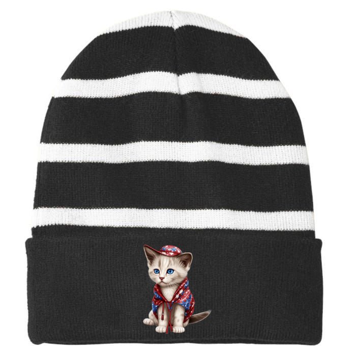 American Cat 4th Of July Cat Patriotic Cats Somali Kitten Striped Beanie with Solid Band