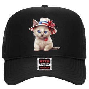 American Cat 4th Of July Cat Patriotic Cats Somali Kitten High Crown Mesh Back Trucker Hat