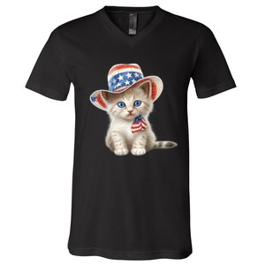 American Cat 4th Of July Cat Patriotic Cats Somali Kitten V-Neck T-Shirt