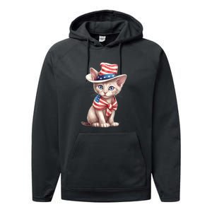 American Cat 4th Of July Cat Patriotic Cats Sphynx Kitten Performance Fleece Hoodie