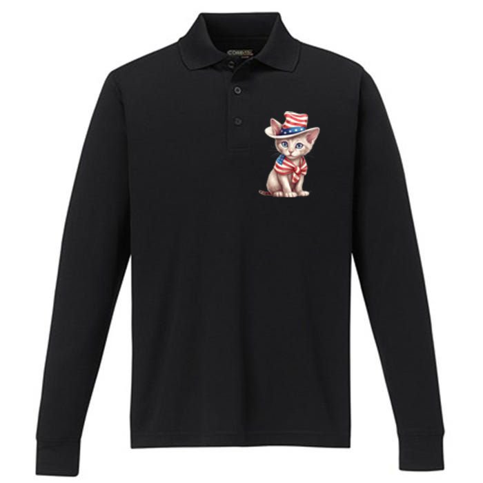 American Cat 4th Of July Cat Patriotic Cats Sphynx Kitten Performance Long Sleeve Polo