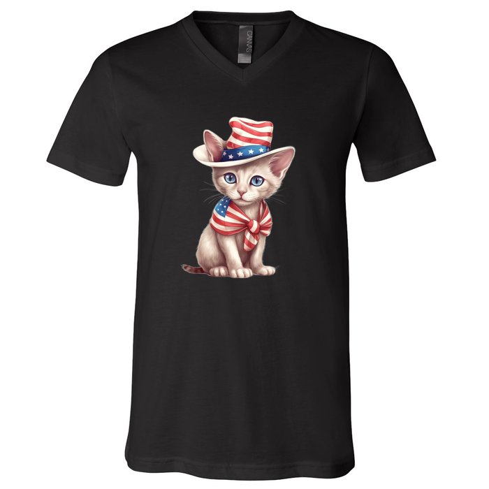 American Cat 4th Of July Cat Patriotic Cats Sphynx Kitten V-Neck T-Shirt