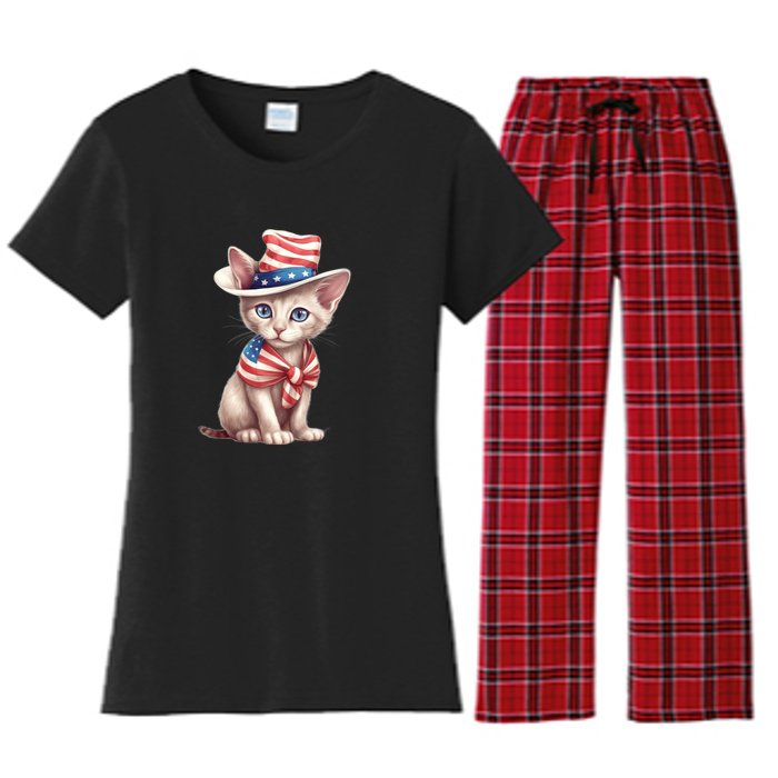 American Cat 4th Of July Cat Patriotic Cats Sphynx Kitten Women's Flannel Pajama Set