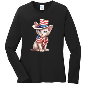 American Cat 4th Of July Cat Patriotic Cats Sphynx Kitten Ladies Long Sleeve Shirt