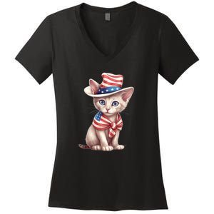 American Cat 4th Of July Cat Patriotic Cats Sphynx Kitten Women's V-Neck T-Shirt